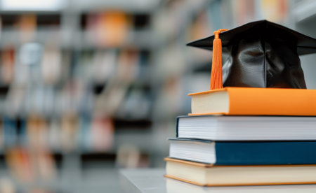 A black graduation cap with a yellow tassel sits atop a stack of books in a library. The bookshelves behind the cap are blurred and out of focus.の素材