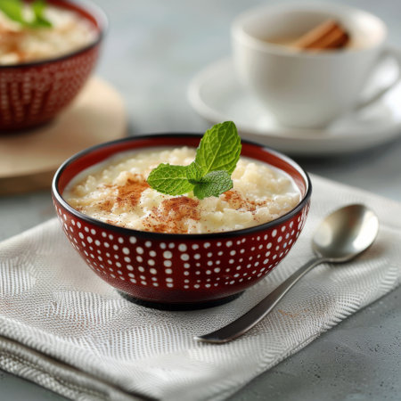 A bowl of creamy rice pudding topped with cinnamon, a sprig of mint, and a cinnamon stick sits on a white napkin with a spoon beside it.の素材