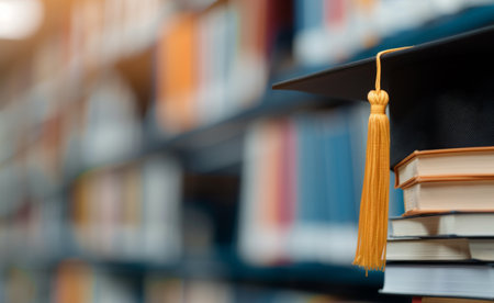A black graduation cap with a gold tassel sits on top of a stack of books in a library. The books are arranged in a neat pile and the blurred background suggests the presence of many more books on shelves.の素材