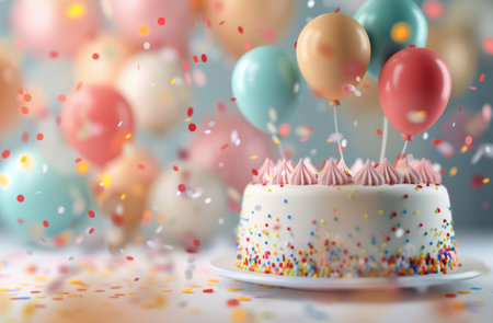 A small birthday cake with white frosting and colorful sprinkles sits on a white plate in front of a colorful background of balloons and confetti.の素材