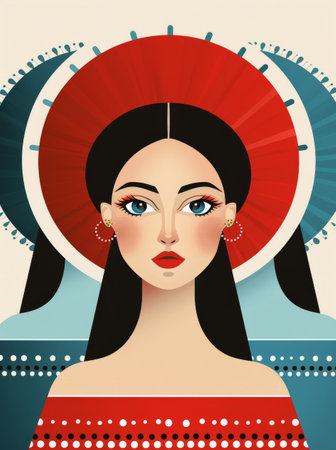 A woman with dark hair and a red hat looks directly at the viewer. She is wearing a red and blue striped blouse and red earrings.の素材