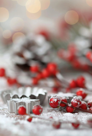 Close-up of red berries and metal cookie cutters dusted with powdered sugar on a white, snowy surface. The background is blurred and features out-of-focus bokeh lights.の素材