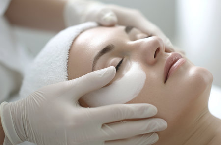 A woman lies on a table with her eyes closed as a medical professional applies a treatment to her eyebrow.の素材