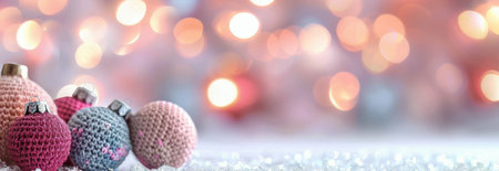 Four pink and purple knitted ornaments lie on a white snowy surface. The ornaments are in focus, while the background is blurred with out-of-focus lights.の素材