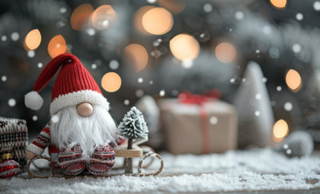 A Christmas gnome stands on a snowy surface, holding a small Christmas tree. A background of twinkling lights and snow creates a festive atmosphere.の素材