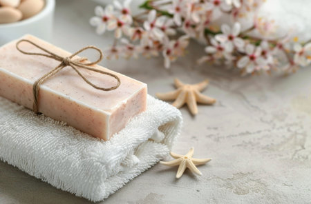 A bar of white soap tied with twine sits on two towels. Starfish and white flowers are scattered around the towels on a white background.の素材