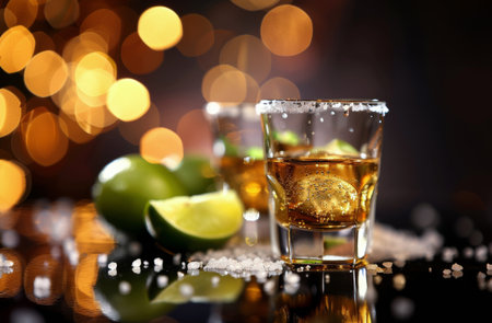 A shot glass filled with golden tequila, adorned with a lime wedge and a rim of salt, sits on a surface dusted with white sugar. Several whole limes and lime wedges surround the shot glass, and a few drops of water are visible in the air.の素材