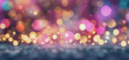 A blurry background with numerous out-of-focus lights of various colors, primarily pink, yellow, and orange. The lights create a soft, dreamy effect, with a hint of sparkle.の素材