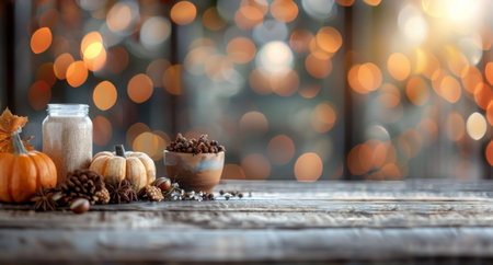 A wooden table is decorated with fall-themed accents, including a small pumpkin, glass jar of liquid, and bowl of beans. The background shows out-of-focus orange lightsの素材