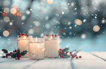 Three glass jars with candles inside sit on a wooden table covered in snow. The jars are decorated with sprigs of greenery and red berries. The background is a blurry blue with soft, white lights and falling snow.の素材