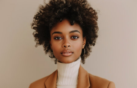 A woman with curly, dark brown hair and a neutral expression looks directly at the camera. She wears a brown jacket over a white turtleneck sweater.の素材