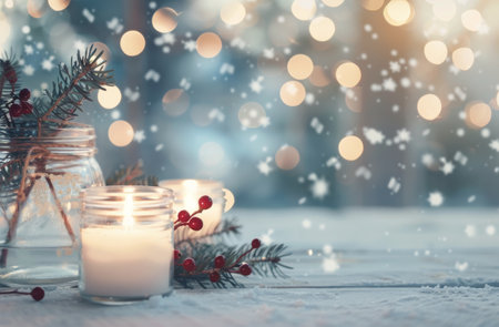 Three glass jars with candles inside sit on a wooden table covered in snow. The jars are decorated with sprigs of greenery and red berries. The background is a blurry blue with soft, white lights and falling snow.の素材