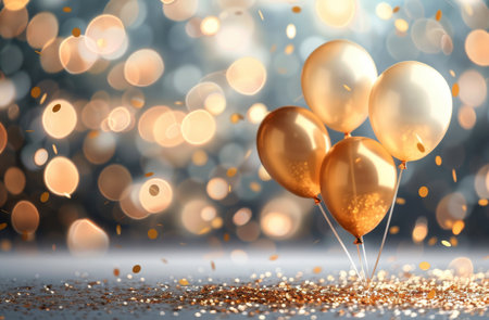 A cluster of shiny gold balloons rests on a white surface with confetti scattered around. The background features blurred lights and a blue hue, creating a festive and celebratory atmosphere.の素材