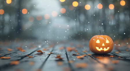 Two jack-o'-lanterns are lit with glowing smiles and sit on a bed of fall leaves, against a backdrop of twinkling lights.の素材