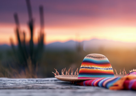 A colorful woven blanket sits on a wooden table in the desert, with a large straw sombrero resting on top. The setting sun casts a warm glow over the scene.の素材