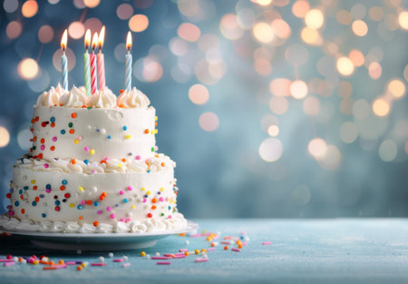 A two-tiered birthday cake with four lit candles sits on a white plate against a blue background with out-of-focus lights. Sprinkles adorn the cake and decorate the table.の素材