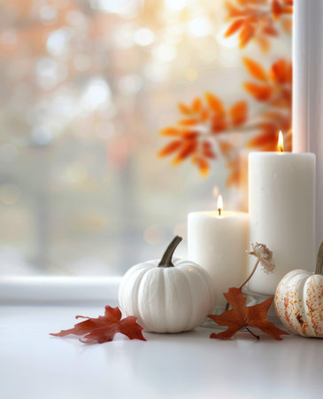 White pumpkins, a lit candle, and an orange leaf create a simple fall scene.の素材