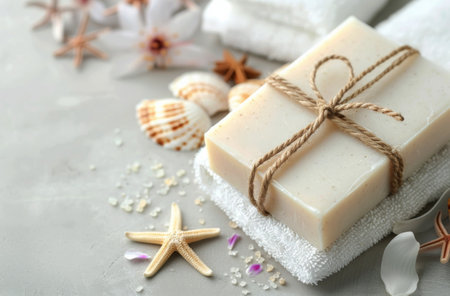 A stack of white towels tied with twine is on a white surface with seashells and a starfish. The towels are next to a bar of soap wrapped in twine. White daisies are out of focus in the background.の素材