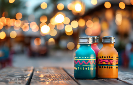 Three decorated glass bottles sit on a wooden table at night. The bottles are teal, orange, and pink. They are decorated with geometric patterns. The background is blurred with warm lights.の素材