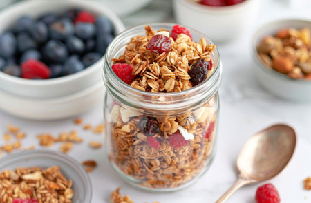 A glass jar filled with granola, topped with raspberries and dried cranberries. The granola is nestled in a bed of shredded coconut.の素材
