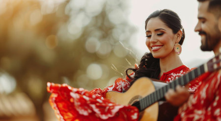 A man in a white shirt plays a guitar for two women wearing colorful Spanish dresses. They are standing in a sunny outdoor setting. The women are smiling and appear happy.の素材