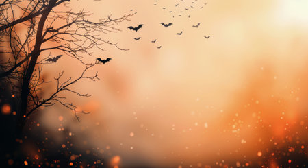 A flock of bats fly through the air at dusk, silhouetted against a warm, orange sky. A lone bare tree stands in the foreground, adding a sense of mystery and intrigue.の素材