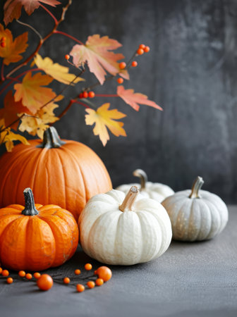 A close-up of white and orange pumpkins arranged on a gray surface with a branch of berries in the background. The pumpkins are sitting on a rustic, gray surface.の素材