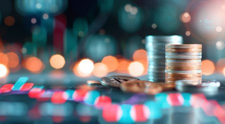 Stacks of silver coins sit on a reflective surface with an out-of-focus background of a stock chart. The chart shows fluctuating data with red and blue colors.の素材