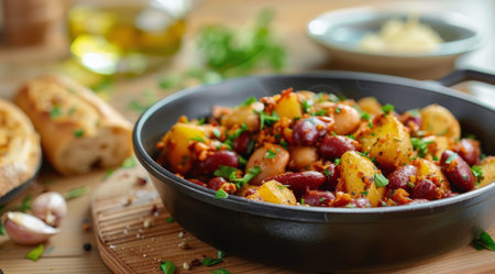 A close-up of a cast iron pan filled with golden brown roasted potatoes, seasoned with herbs and spices.の素材