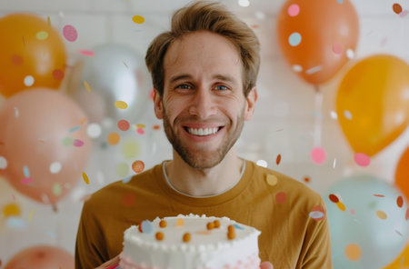 A man wearing a party hat smiles while holding a decorated birthday cake in front of a colorful background with balloons and confetti falling.の素材