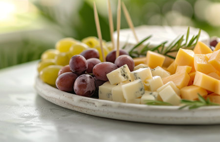 A close-up image of a ceramic plate with red and green grapes, cheese cubes, and a piece of orange fruit. There is parsley in the background.の素材