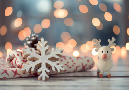 A white candle with a golden snowflake decoration is lit, next to a white reindeer figurine. The background features blurry white lights and a snowy-looking surface.の素材