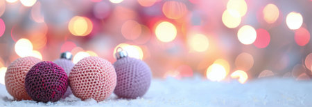 Four pink and purple knitted ornaments lie on a white snowy surface. The ornaments are in focus, while the background is blurred with out-of-focus lights.の素材