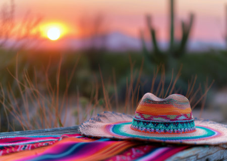 A colorful woven blanket sits on a wooden table in the desert, with a large straw sombrero resting on top. The setting sun casts a warm glow over the scene.の素材