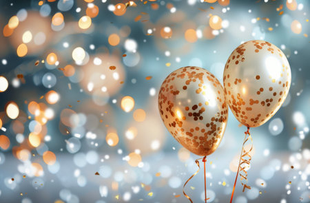 A cluster of gold balloons floats against a background of shimmering blue with confetti falling around them.の素材