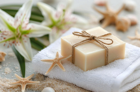 Two bars of soap, wrapped in twine, are stacked on a white towel. A pink lily and a starfish are visible in the background.の素材