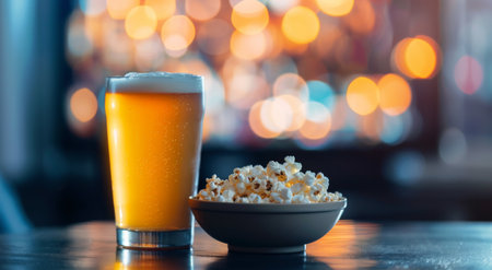 A glass of beer and a bowl of popcorn sit in front of a blurred out TV, with a background of twinkling lights.の素材