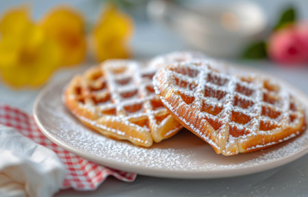 A plate of golden brown waffles, dusted with powdered sugar, sits on a white surface. The waffles are arranged in a stack, with the top waffle slightly open, revealing the layers below. A blurred background shows yellow flowers.の素材