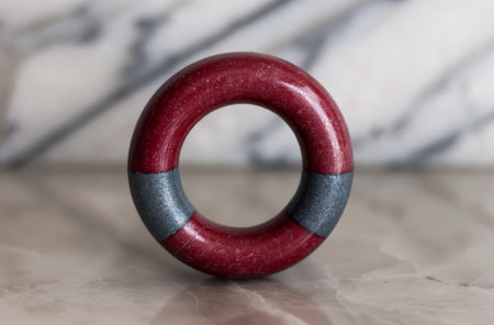 A red and blue wooden ring sits on a white speckled surface. The ring is shiny and has a black accent on each end.の素材