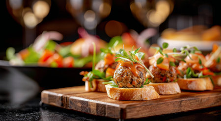 Meatball appetizers with tomato sauce and fresh herbs are displayed on a wooden board. The appetizers are served with white bread and are arranged in a visually appealing way.の素材