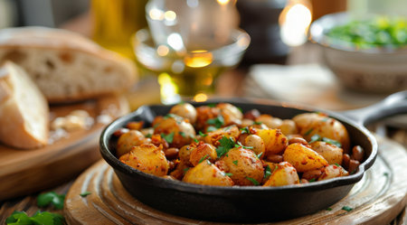 A close-up shot of a cast iron skillet filled with roasted potatoes, herbs, and spices. The potatoes are golden brown and crispy, and the herbs add a bright green color to the dish.の素材