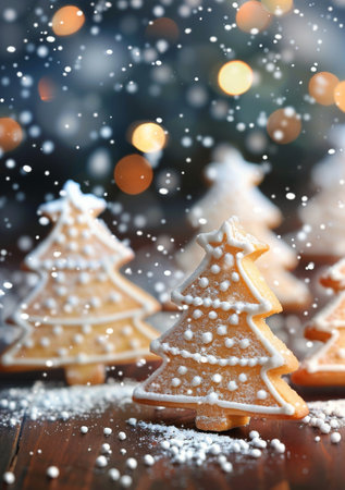 Sugar cookie Christmas trees dusted with powdered sugar and sprinkles sit on a wooden table with a lit candle and other cookies in the background.の素材