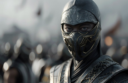 A close-up of a character from Mortal Kombat, wearing a dark hooded cloak and a silver mask. The character's intense eyes are visible, conveying a sense of power and determination.の素材