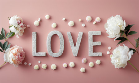 Pink and white flowers are arranged around the word love which is written in large, gray letters.の素材