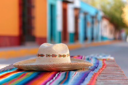 A straw hat lies on a colorful woven blanket in front of a blurred background of vibrant buildings.の素材