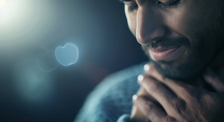 A man in a denim jacket stands with his hand over his heart, a glowing red heart symbol visible on his chest. The background is blurred and filled with city lights at night.の素材