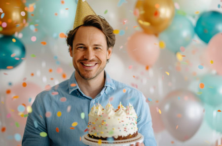 A man wearing a birthday hat smiles as he holds a birthday cake in front of a backdrop of balloons and confetti.の素材