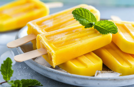 Frozen orange popsicles on a plate with ice cubes and mint leaves.の素材