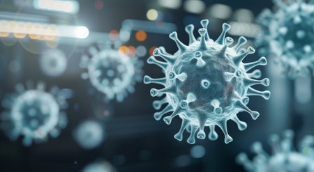 Several pink coronavirus particles float in the air, some passing through a white, slatted barrier, others moving freely in the blurry background.の素材