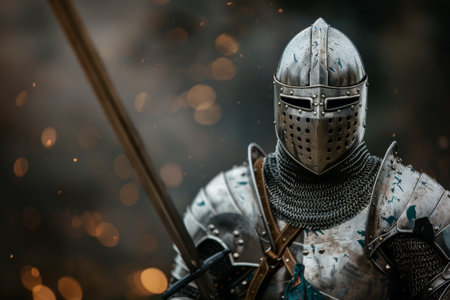 A knight in full plate armor stands facing forward with his helmet on and a dark cloak draped over his shoulders. The background is blurred and out of focus, suggesting a battlefield.の素材